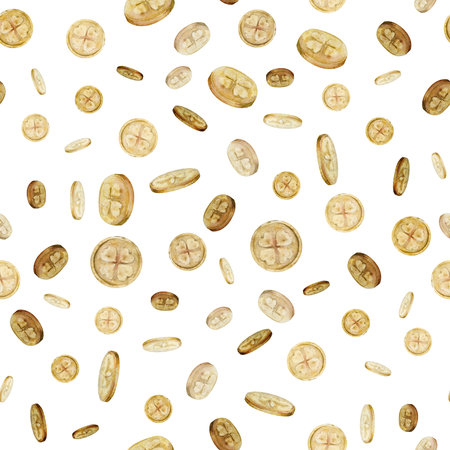 Watercolor hand drawn illustration, Saint Patrick holiday. Leprechaun gold coins clover treasure. Ireland tradition. Seamless pattern Isolated on white background. Invitations, print, website, cards.の写真素材