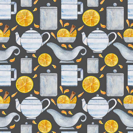 Hand drawn watercolor teaware, tea lemon, dishes crockery porcelain, hot beverage. Seamless pattern isolated on white background. For invitations, cafe, restaurant food menu, print, website, cardsの写真素材