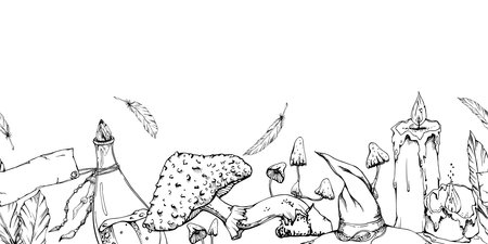 Hand drawn ink vector witch altar. Candles vials mushrooms. isolated seamless banner. Sketch illustration art Halloween, witchcraft occult, alchemy. Design shops, logo, print, website, card, bookletのイラスト素材
