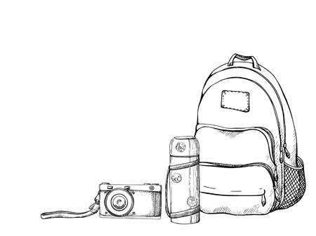 Ink hand drawn vector graphic outline sketch.Tourist accessories backpack rucksack bag, vacuum flask, old photo camera. Design for tourism, travel, brochure, wedding, guide, print, card tattoo.のイラスト素材