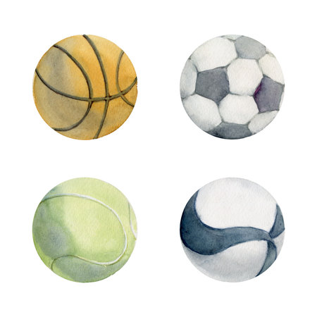 Hand drawn watercolor sports gear equipment, balls for tennis, football soccer, basketball, volleyball. Illustration isolated single object white background. Design poster, print, website, card, shopの写真素材