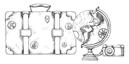 Ink hand drawn vector sketch. Illustration with retro vintage old suitcases with stickers luggage baggage, photo camera globe. Design for tourism, travel, brochure, wedding, guide, print, card tattoo.のイラスト素材