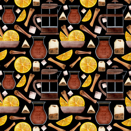 Hand drawn watercolor teaware tea lemon turkish glass crockery cinnamon french press. Seamless pattern isolated on white background. For invitations, cafe, restaurant food menu, print, website, cardsの写真素材