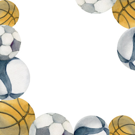 Hand drawn watercolor sports equipment, basketball volleyball soccer football, health fitness lifestyle. Illustration isolated border frame white background. Design poster, print, website, card, shopの写真素材