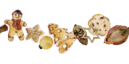 Hand drawn watercolor illustration. Homemade cookies, shortbread gingerbread man, Christmas tree, glazed star, pinecones. Seamless banner isolated on white background. Bakery shop, , paper, cardの写真素材