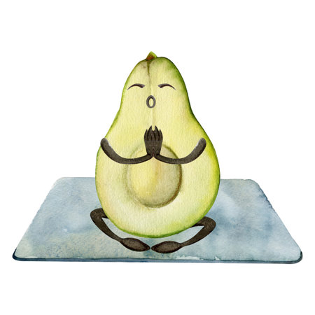 Hand drawn watercolor cute avocado character doing yoga stretching asana practice. Fitness health....