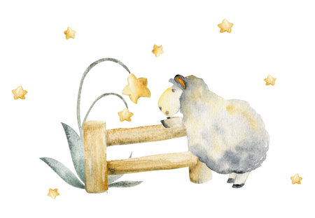 Watercolor hand drawn illustration, cute little plush baby sheep jumping fence, star flowers. Textured effect. Composition isolated on white background. For kids children bedroom, fabric, linens printの写真素材