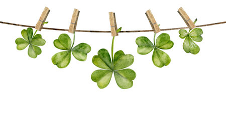 Watercolor hand drawn illustration, Saint Patrick holiday. Ireland tradition, symbols, clover leaf on rope and clothespin. Composition isolated on white background. Invitations, print, website, cards.の写真素材