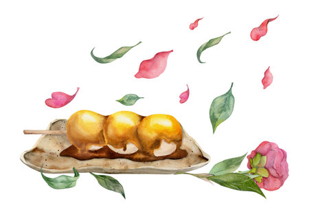 Watercolor hand drawn traditional Japanese sweets. Ceramic dish, mitarashi dango, camellia flower. Isolated on white background. Design for invitations, restaurant menu, greeting cards, print, textileの写真素材