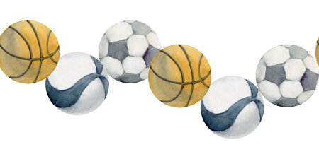 Hand drawn watercolor sports gear equipment, basketball volleyball soccer football, fitness lifestyle. Illustration isolated seamless border white background. Design poster, print, website, card, shopの写真素材