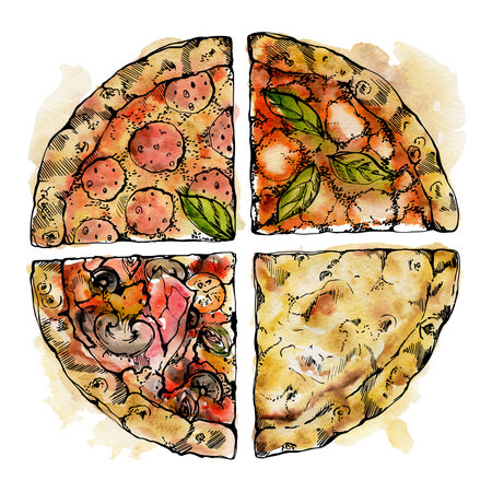 Hand drawn watercolor ink illustration. Pizza slice with toppings, traditional Italian cuisine meal. Single object isolated on white. Design restaurant, menu, cafe, food shop or package, flyer, print.の写真素材