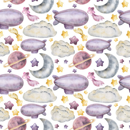 Watercolor hand drawn illustration, magical cosmos universe items, moon stars planets clouds airship balloon. Seamless pattern Isolated on white background. Kids, children bedroom, fabric, linen printの写真素材