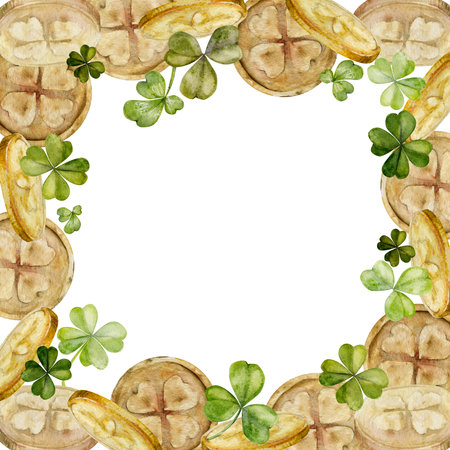 Watercolor hand drawn illustration, Saint Patrick holiday. Leprechaun pot, gold coins, green hat, lucky clover. Square frame Isolated on white background. For invitations, print, website, cards.の写真素材