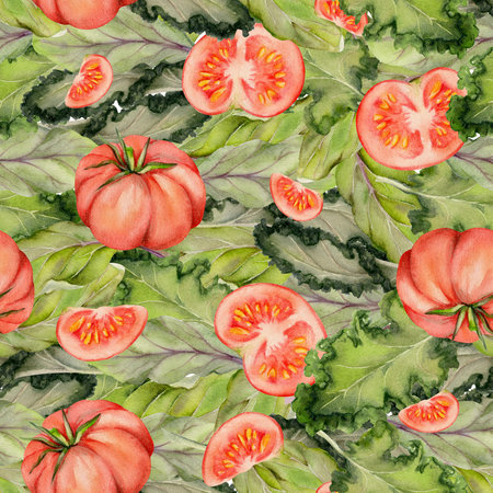 Hand drawn watercolor mix of green salad leaves and red tomato slices for diet and healthy lifestyle, vegan cooking. Illustration seamless pattern background. Design poster, print, website, card, menuの写真素材