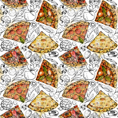 Hand drawn watercolor ink illustration. Pizza slice with toppings, traditional Italian cuisine meal. Seamless pattern isolated on white. Design restaurant menu, cafe, food shop package, flyer, print.の写真素材