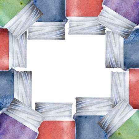 Watercolor hand drawn illustration, kids children painting materials supplies, colorful gouache acrylic ink bottles. Square frame isolated on white. School, kindergarten, party, cards, website, shopの写真素材