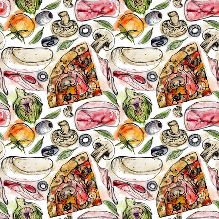Hand drawn watercolor ink illustration. Capricciosa pizza slice with toppings, Italian cuisine meal. Seamless pattern isolated on white. Design restaurant menu, cafe, food shop package, flyer, print.の写真素材