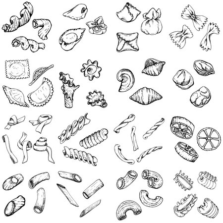Hand drawn vector ink illustration. Types of pasta assortment Italian cuisine traditional dish. Set of single object elements isolated on white. Restaurant, menu, food shop and package, flyer, print.のイラスト素材