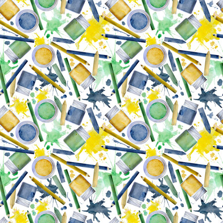 Watercolor hand drawn illustration, kids children painting materials supplies, green blue yellow stationery, splashes. Seamless background isolated on white. For school, party, shop, print, websiteの写真素材