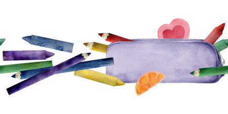 Watercolor hand drawn illustration, kids children painting materials supplies, pencil case crayon erasers stationery. Seamless border isolated on white. For school, kindergarten, party, cards, websiteの写真素材