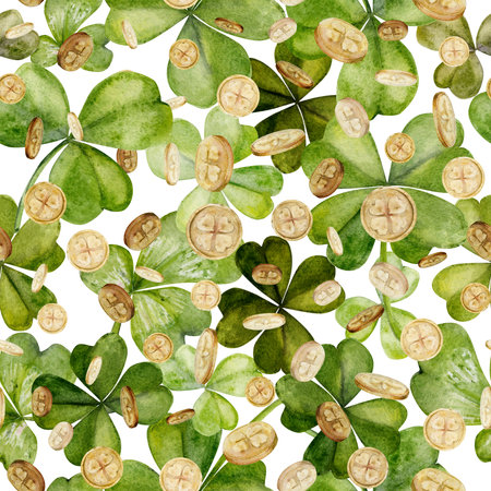 Watercolor hand drawn illustration, Saint Patrick holiday. Lucky clover shamrock, leprechaun gold coins. Ireland tradition. Seamless pattern Isolated on white background. Invitations, print, cards.の写真素材
