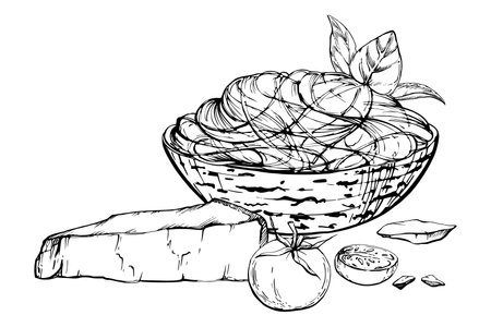 Hand drawn vector ink illustration. Pasta Italian cuisine dish, spaghetti noodles, tomato basil oregano herb leaves. Composition isolated on white. Restaurant, menu, food shop package, flyer, print.のイラスト素材