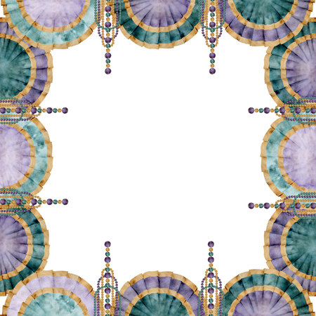 Hand drawn watercolor Mardi Gras carnival symbols. Textile festoon pelmet drape garland, glass bead pearl strings. Square frame isolated on white background. Design for party invitation, print, shopの写真素材