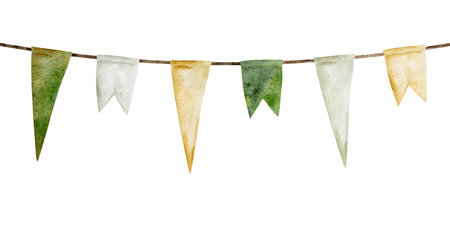 Watercolor hand drawn illustration, Saint Patrick holiday. Ireland tradition, symbols, national colors flags, clover. Composition isolated on white background. For invitations, print, website, cards.の写真素材