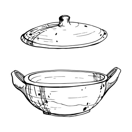 Hand drawn ink vector illustration, handmade traditional clay pottery ceramic vase. Single object isolated on white background. Design travel, vacation, brochure, print, cafe restaurant menu, shopのイラスト素材