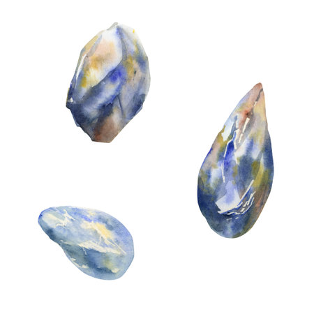 Hand drawn watercolor illustration precious semiprecious jewel gem crystal chakra birth stone....