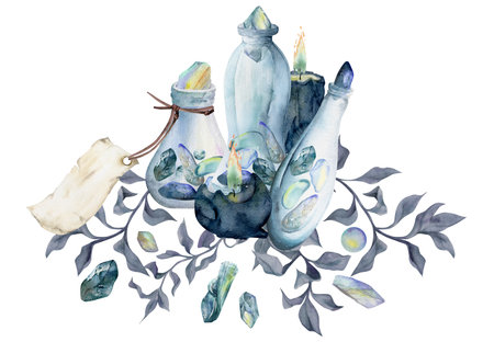 Hand drawn watercolor illustration sea witch altar objects. Glass vial jar blank tag, precious stones, burning candle algae leaves. Composition isolated on white background. Design print, shop, magicの写真素材