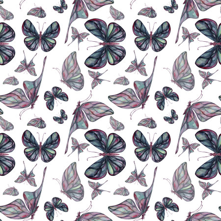 Hand drawn watercolor illustration butterfly fairy wings gem crystal insect moth. Tourmaline pearl labradorite opal. Seamless pattern isolated on white background. Design shop, print, wedding, packageの写真素材