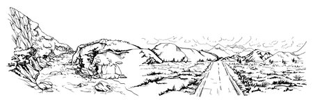 Hand drawn ink vector illustration, mountain landscape scenery Central South America, highway road plane, cliffs river rapids. Isolated on white background. Design travel, vacation, brochure, printのイラスト素材