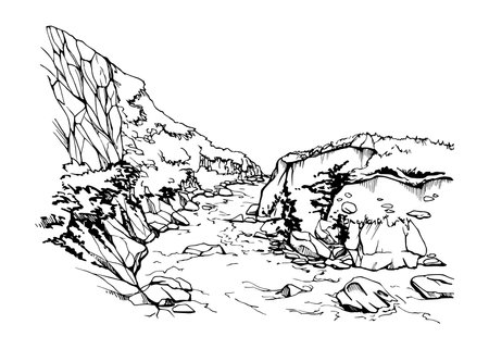 Hand drawn ink vector illustration, mountain river landscape scenery Central South America, Europe, outdoor backdrop nature. Isolated on white background. Design travel, vacation, brochure, printのイラスト素材