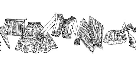 Hand drawn ink vector illustration, embroidered national indian clothes South Central America fashion culture. Seamless banner isolated on white background. Design travel, vacation, brochure, printのイラスト素材