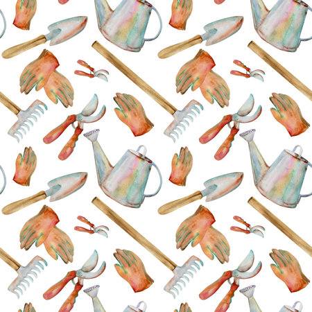 Hand drawn watercolor illustration spring gardening tools, rake shovel pruning shears watering can gloves. Seamless pattern isolated on white background. Design print, shop, scrapbooking, packagingの写真素材