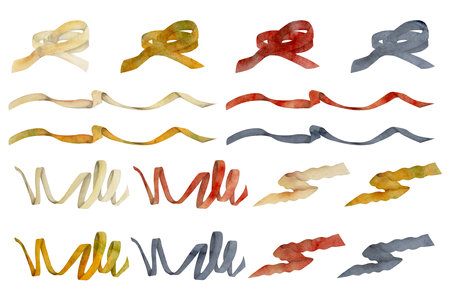 Hand drawn watercolor illustration sewing craft embroidery supplies. Ribbon lace braid zigzag tassel. Set of objects isolated on white background. Design atelier, tailor, hobby shop, fashion boutiqueの写真素材