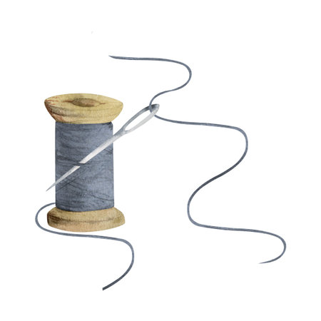 Hand drawn watercolor illustration sewing craft embroidery supplies. Wooden indigo thread spool...