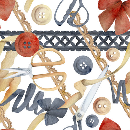 Hand drawn watercolor illustration sewing craft supplies. Fabric scissors snaps, wooden buttons...