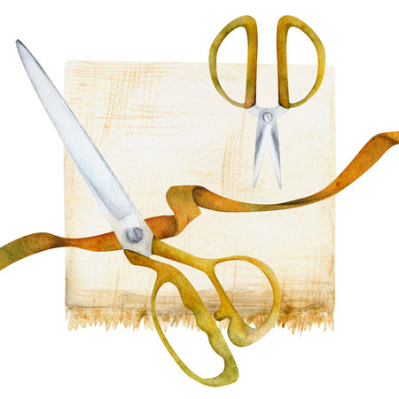 Hand drawn watercolor illustration sewing craft embroidery supplies. Natural fabric piece with cloth scissors, ribbon. Composition isolated on white background. Design atelier, tailor, hobby shopの写真素材