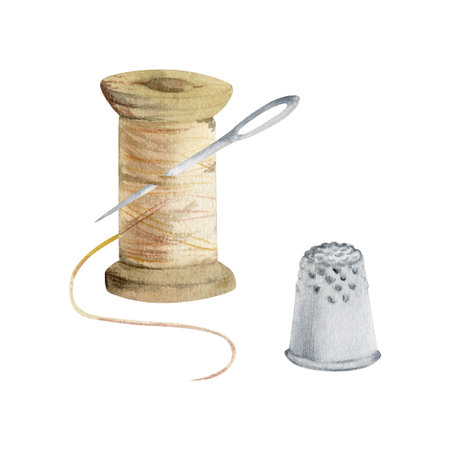 Hand drawn watercolor illustration sewing craft embroidery supplies. Wooden bobbin thread skein...