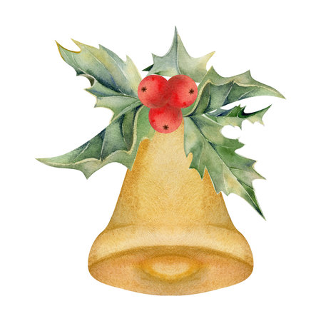 Christmas bell gold ornament, red holly berries, leaves. Watercolor hand drawn illustration, composition isolated on white. Xmas, happy new year festive, noel navidad holiday. Cards, gifts, wedding.の写真素材
