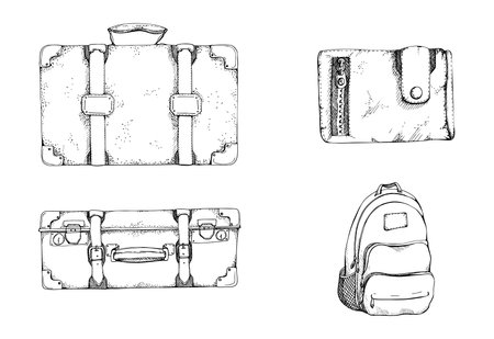 Watercolor hand drawn vintage illustration. Tourist accessories backpack rucksack bag, vintage suitcases, money wallet purse with zipper. Tourism, travel, brochure, wedding, guide, print, card tattoo.のイラスト素材