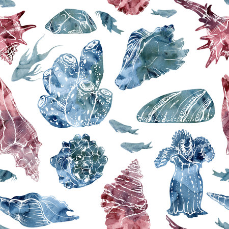 Watercolor and ink hand drawn marine life, sea ocean underwater creatures. fish, shells algae seaweed. Seamless pattern illustration, stylized, isolated on white. Zoo shop, aquarium, cosmetics, resortの写真素材