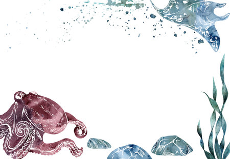 Watercolor and ink hand drawn marine life, sea ocean underwater creatures. fish, shells algae seaweed. Border frame illustration, stylized, isolated on white. For zoo shop, aquarium, cosmetics, resortの写真素材
