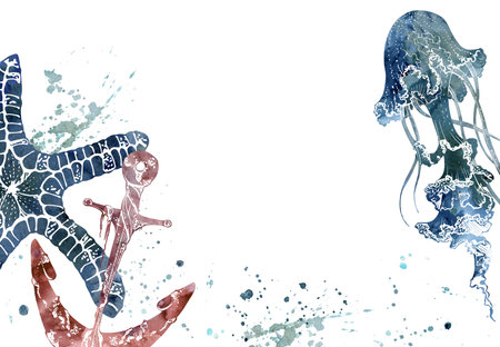 Watercolor and ink hand drawn marine life, sea ocean underwater creatures. fish, shells algae seaweed. Border frame illustration, stylized, isolated on white. For zoo shop, aquarium, cosmetics, resortの写真素材