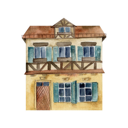 Old European city town street houses, timber fachwerk facades. Historical cityscape building. Watercolor hand drawn illustration. For tourist shops, souvenirs, travel brochures, architectural bureauの写真素材