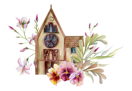 Old European city town street houses facades, jasmine pansy willow flowers. Historical cityscape building. Watercolor hand drawn illustration. Tourist shops, souvenirs, travel brochures, real estateの写真素材