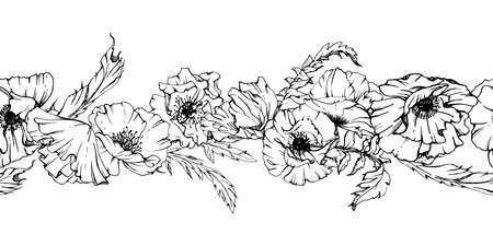 Hand drawn vector graphic botanical illustration flowers leaves. Red poppy papaver, stems buds seedpods. Seamless banner isolated white background. Design wedding, cards, remembrance day stationeryのイラスト素材