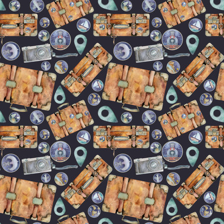 Travel objects suitcases luggage with stickers icons pins, old photo camera. Watercolor hand drawn art. Seamless pattern. Design for tourism, travel, brochure, wedding, guide, print, card, tattoo.の写真素材
